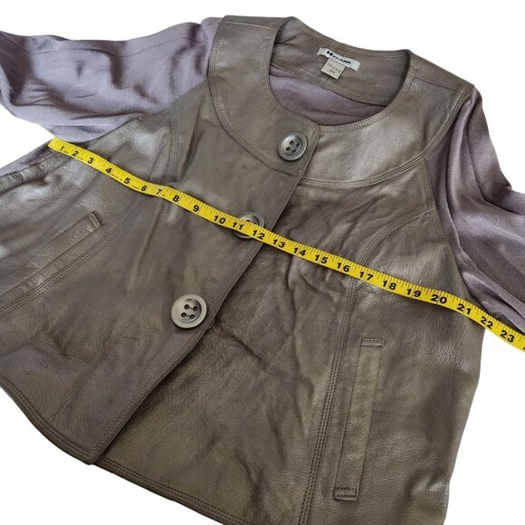 Nygard Jacket Pewter Leather Front Trim Collarless‎ Knit Back 3/4 Sleeves Size L - Picture 5 of 16